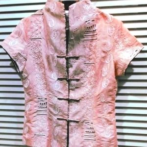 MINIYE 100% SILK Pastel Pink Chinese Brocade Petite Oriental Jacket Top Small